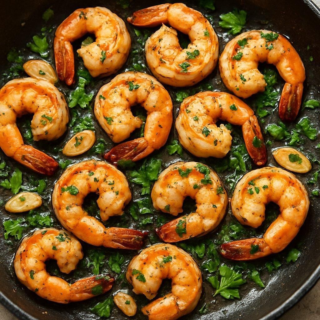 Gambas flambées au vin blanc, ail et persil, cuisson parfaite de sauté shrimp garlic parsley.