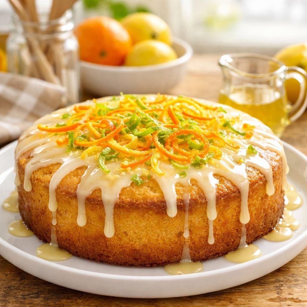 Gâteau au yaourt moelleux nappé d’un filet de réduction de vin blanc et zestes d’agrumes frais.