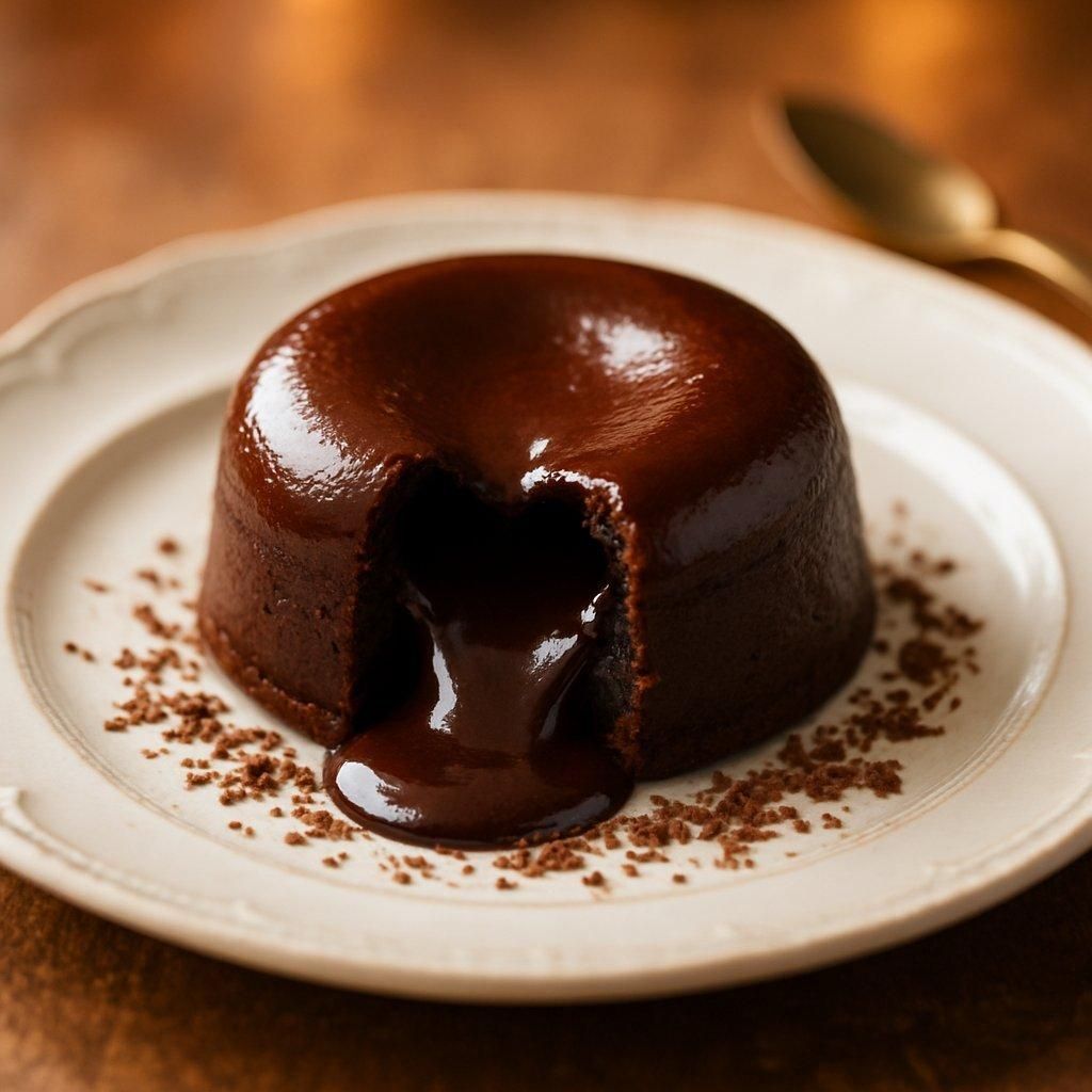 Gâteau moelleux au chocolat brillant avec cœur fondant, posé sur assiette élégante, éclats de chocolat râpé.