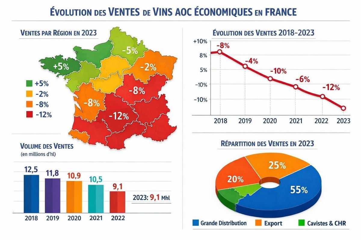 Graphiques modernes et cartes régionales détaillées illustrant l’évolution des ventes de vins AOC économiques en France (2019-2022).