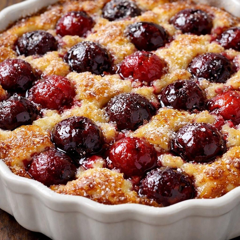 Gros plan réaliste sur un clafoutis aux cerises doré, texture moelleuse et fruits juteux éclatants.