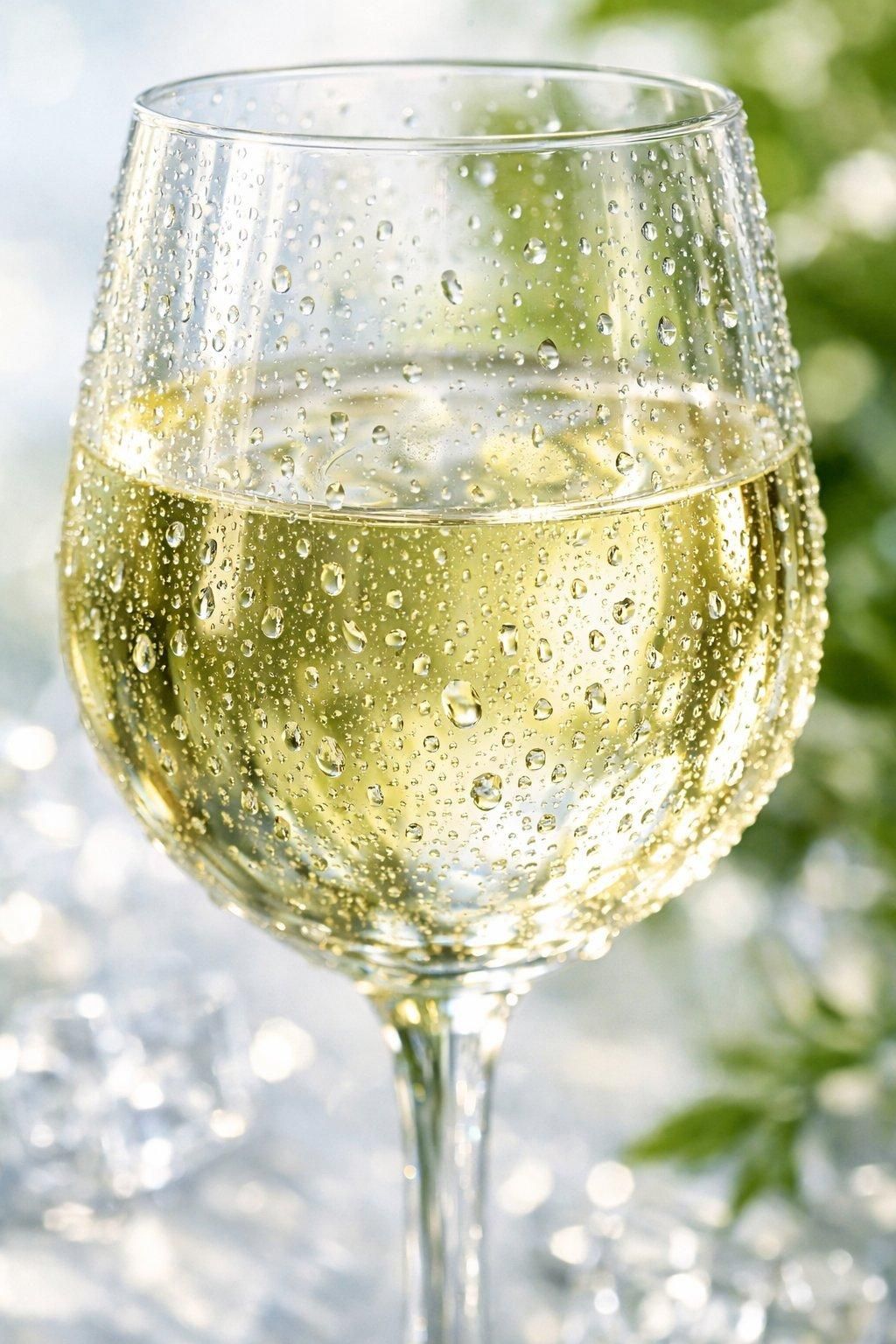 Gros plan sur un verre de vin blanc clair avec gouttes de condensation, révélant fraîcheur et texture cristalline.