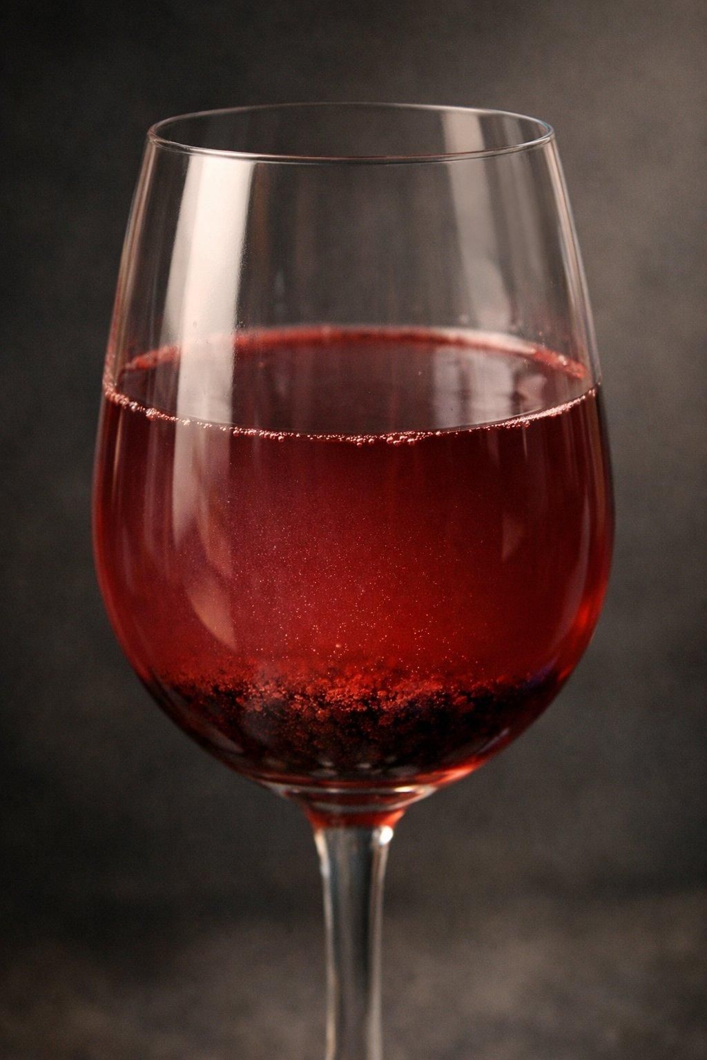 Gros plan sur un verre de vin rouge trouble avec dépôts visibles au fond, révélant un défaut évident.