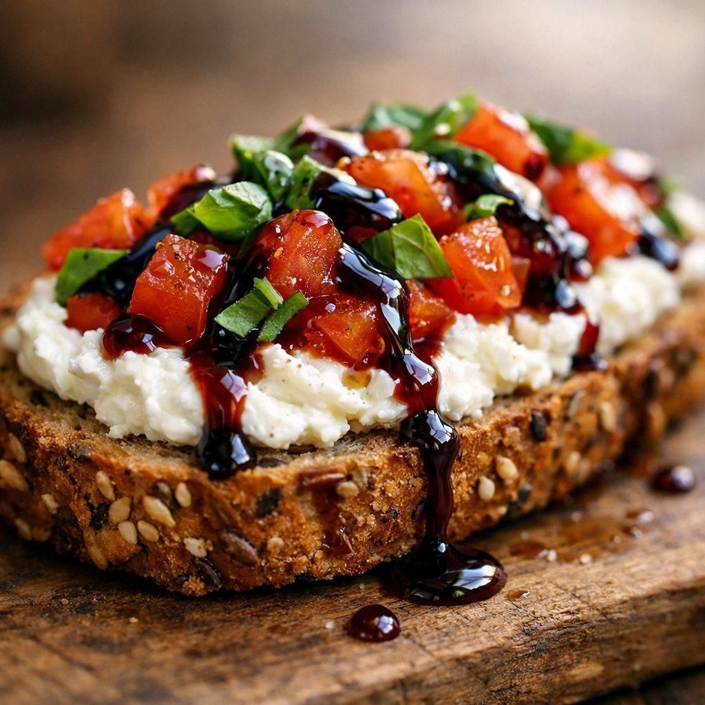 Gros plan sur une bruschetta multigrain garnie de chèvre frais, tomates en dés et réduction de vin doux naturel.
