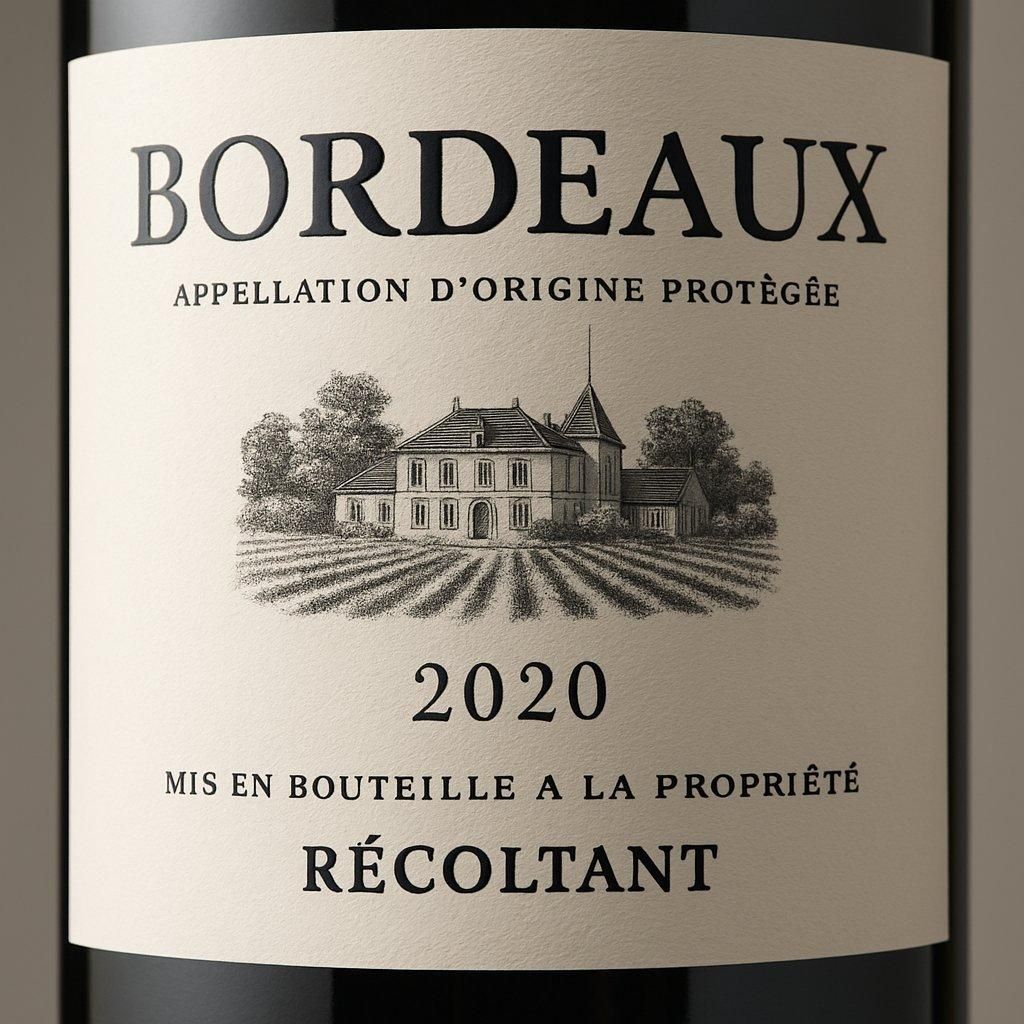 Gros plan sur une étiquette de vin claire et détaillée avec mentions AOP, millésime 2020, et code Récoltant.