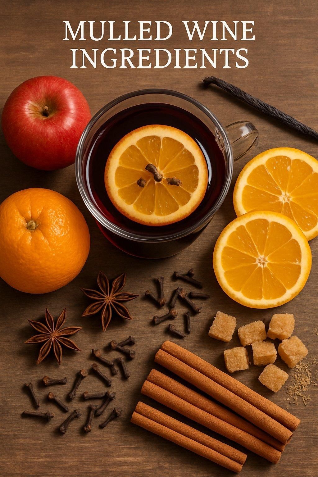 Ingrédients de vin chaud maison dans une casserole avec rondelles d’orange et épices visibles, parfaits pour les fêtes.