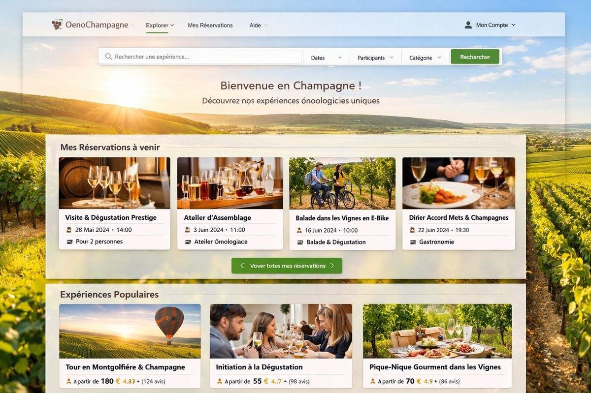 Interface moderne d’une plateforme en ligne pour réserver des expériences œnologiques en Champagne, avec vignoble lumineux.