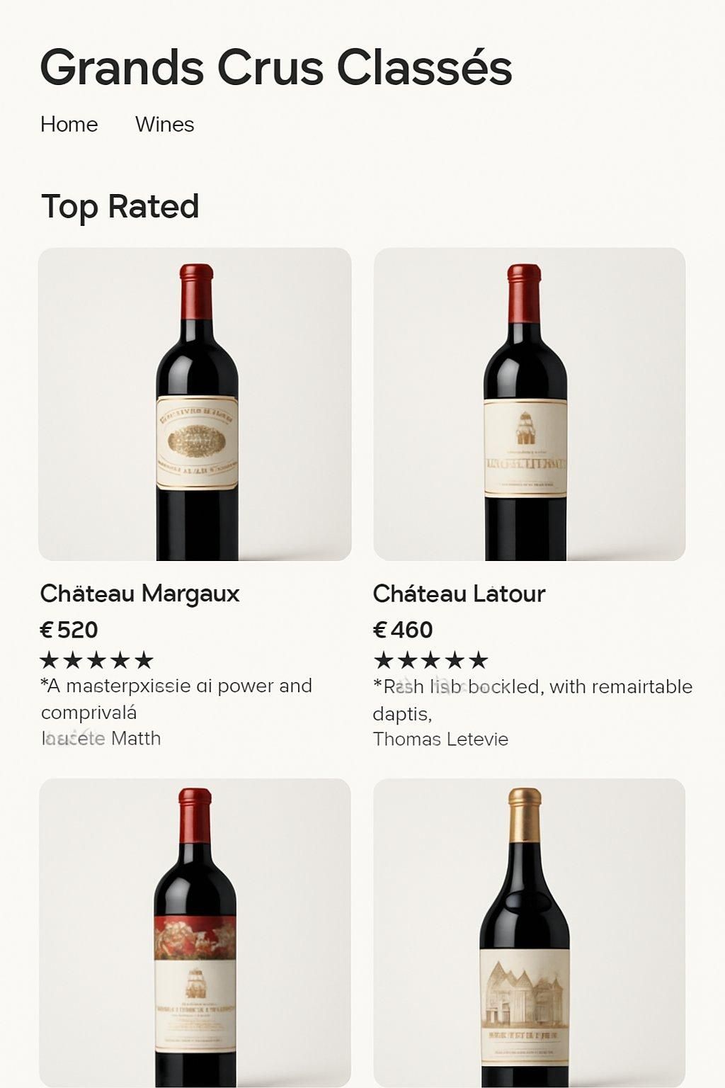 Interface moderne et épurée d’une plateforme de vente de grands crus classés avec avis de sommeliers et photos élégantes.