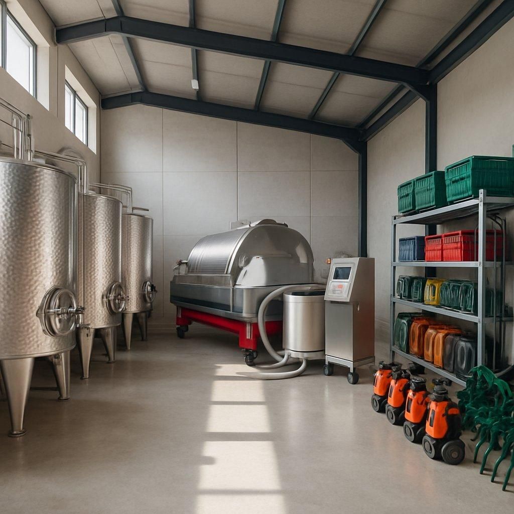 Intérieur de chai bordelais moderne lumineux avec cuves inox et équipements viticoles high-tech bien organisés.