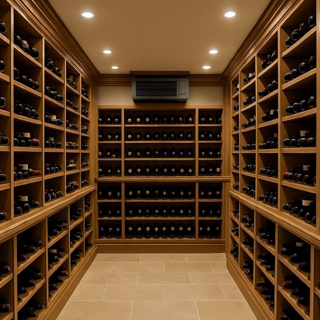 Intérieur élégant de cave à vin professionnel avec rayonnages en bois, bouteilles alignées et système de climatisation visible.