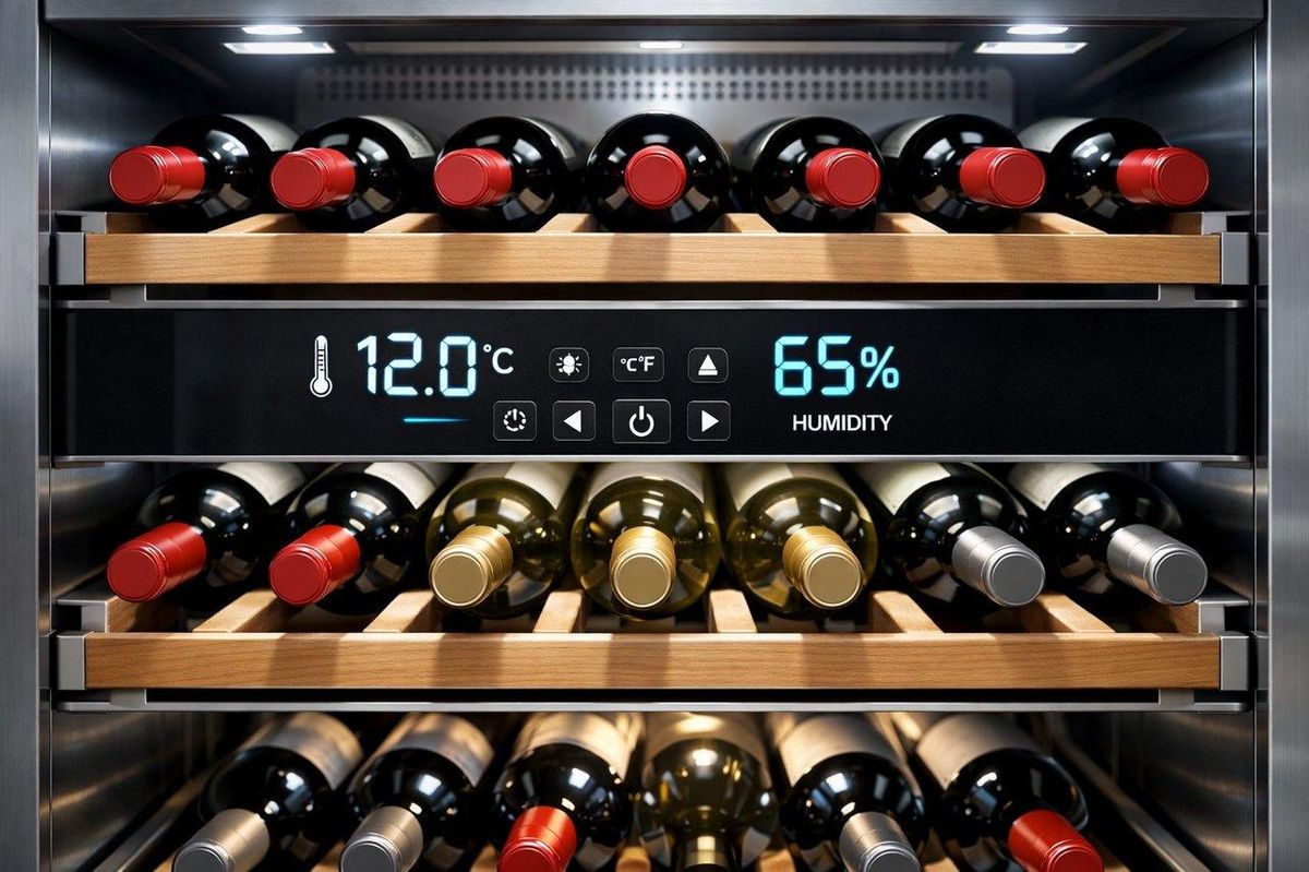 Intérieur lumineux et épuré d’une cave à vin électrique moderne avec contrôle digital précis.