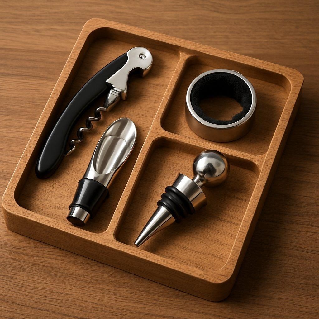 Kit complet d'accessoires pour vin sur un plateau en bois clair, parfait pour les amateurs à petit budget.
