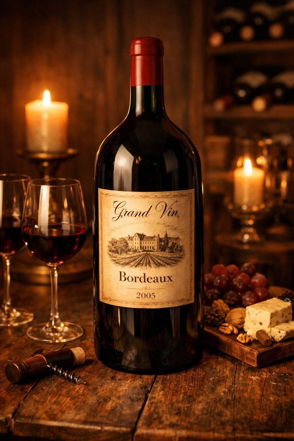Magnum de vin rouge posé sur table en bois, lumière chaude et tamisée, ambiance élégante de dégustation.