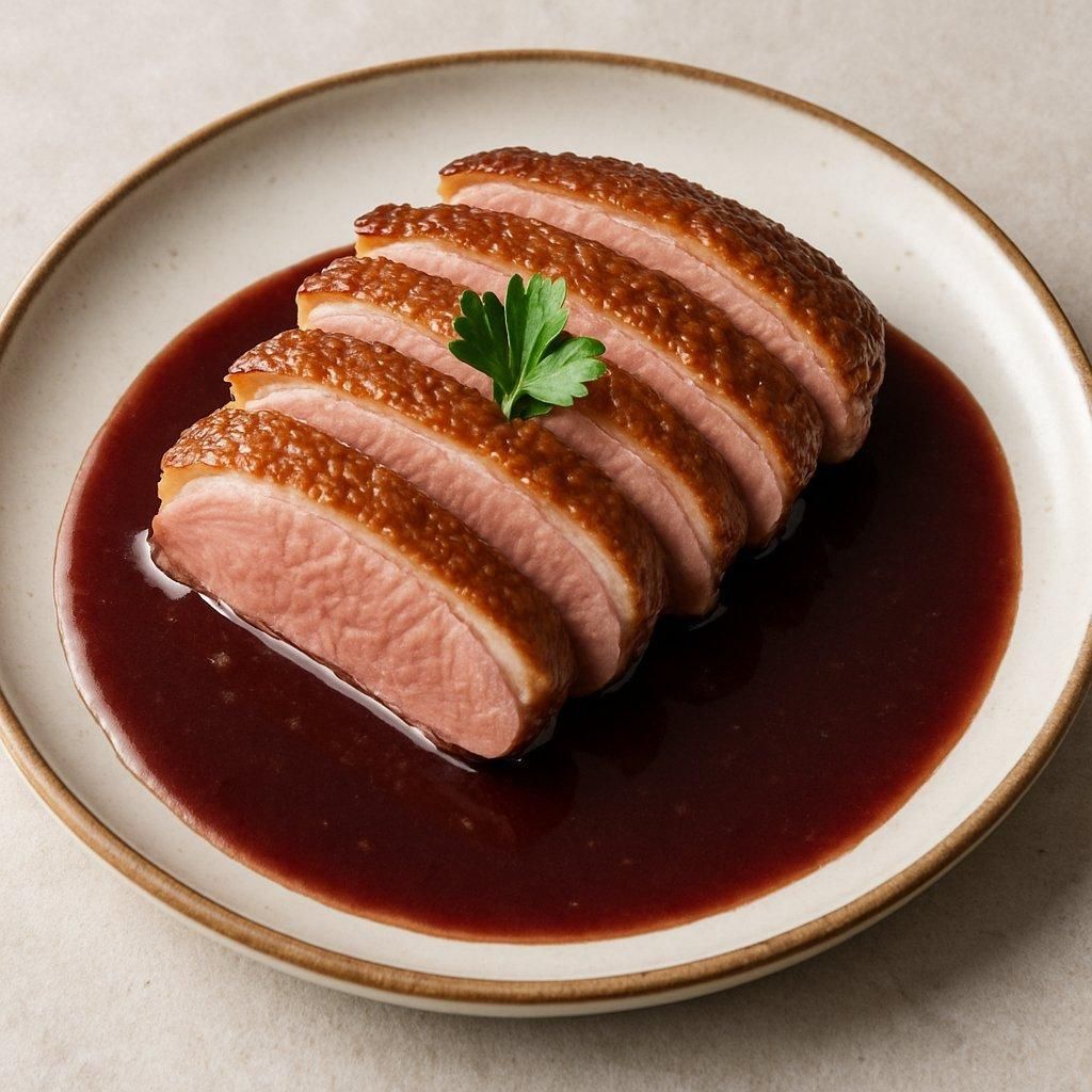 Magret de canard avec peau croustillante, accompagné d'une sauce réduction de vin rouge aux fruits rouges.