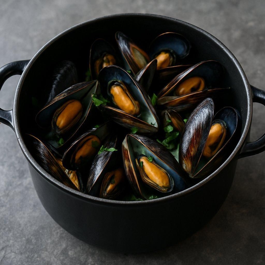 Mussels cooking pot en cuivre, préparation traditionnelle des moules marinières au vin blanc et herbes fraîches.
