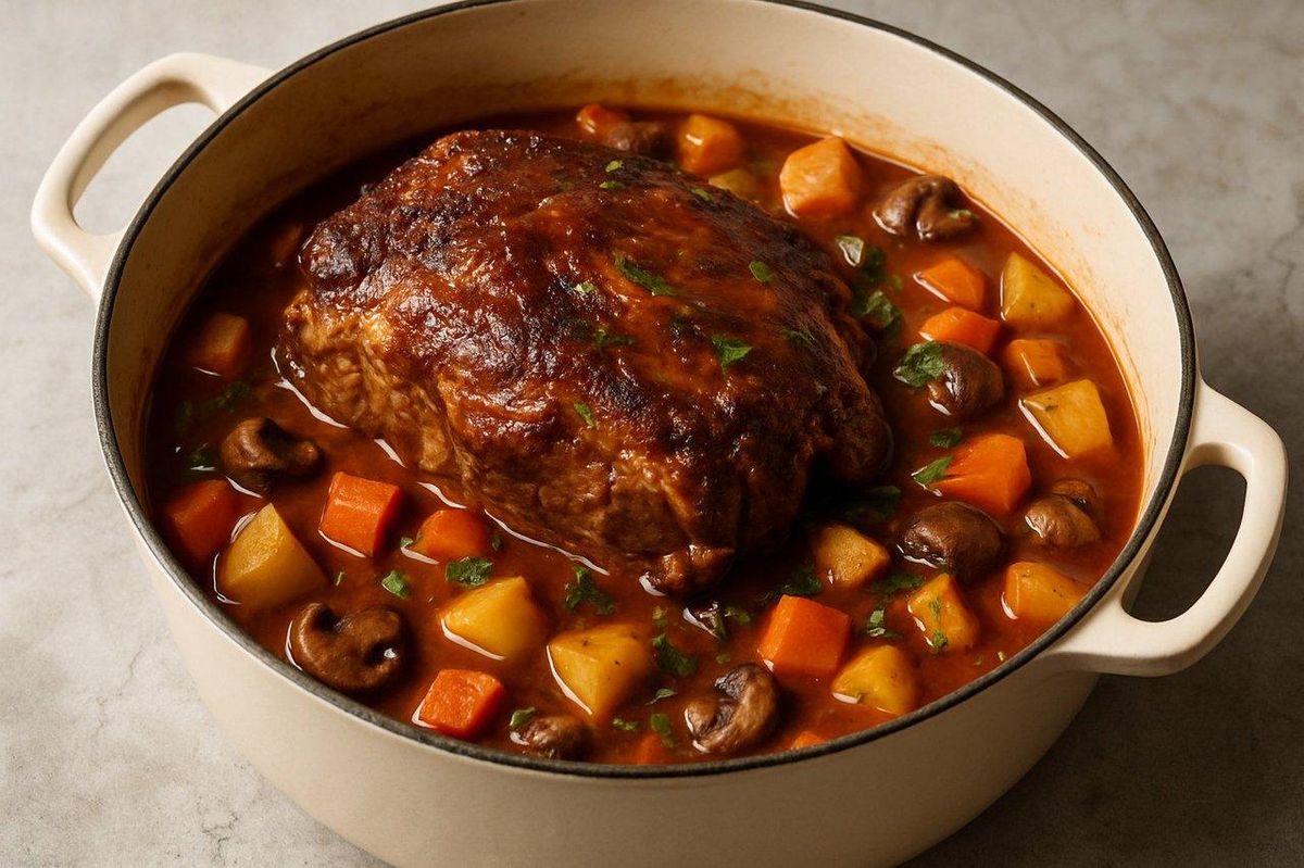 Palette de porc confite en cocotte, braised pork shoulder casserole mijotée avec échalotes et épices.
