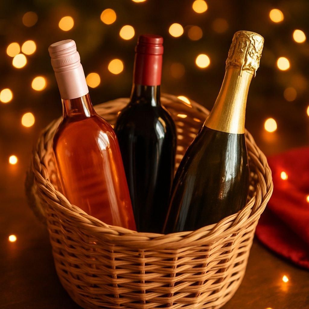 Panier en osier rempli de bouteilles colorées de rosé, rouge léger et vin effervescent pour une fête conviviale.