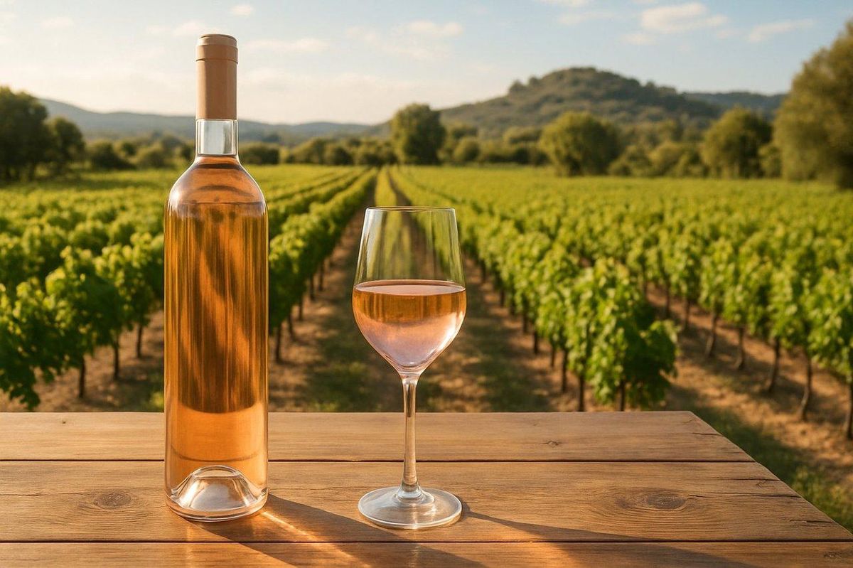 Panoramique d’un vignoble provençal au soleil avec bouteille de vin rosé frais et verre élégant en pleine nature.