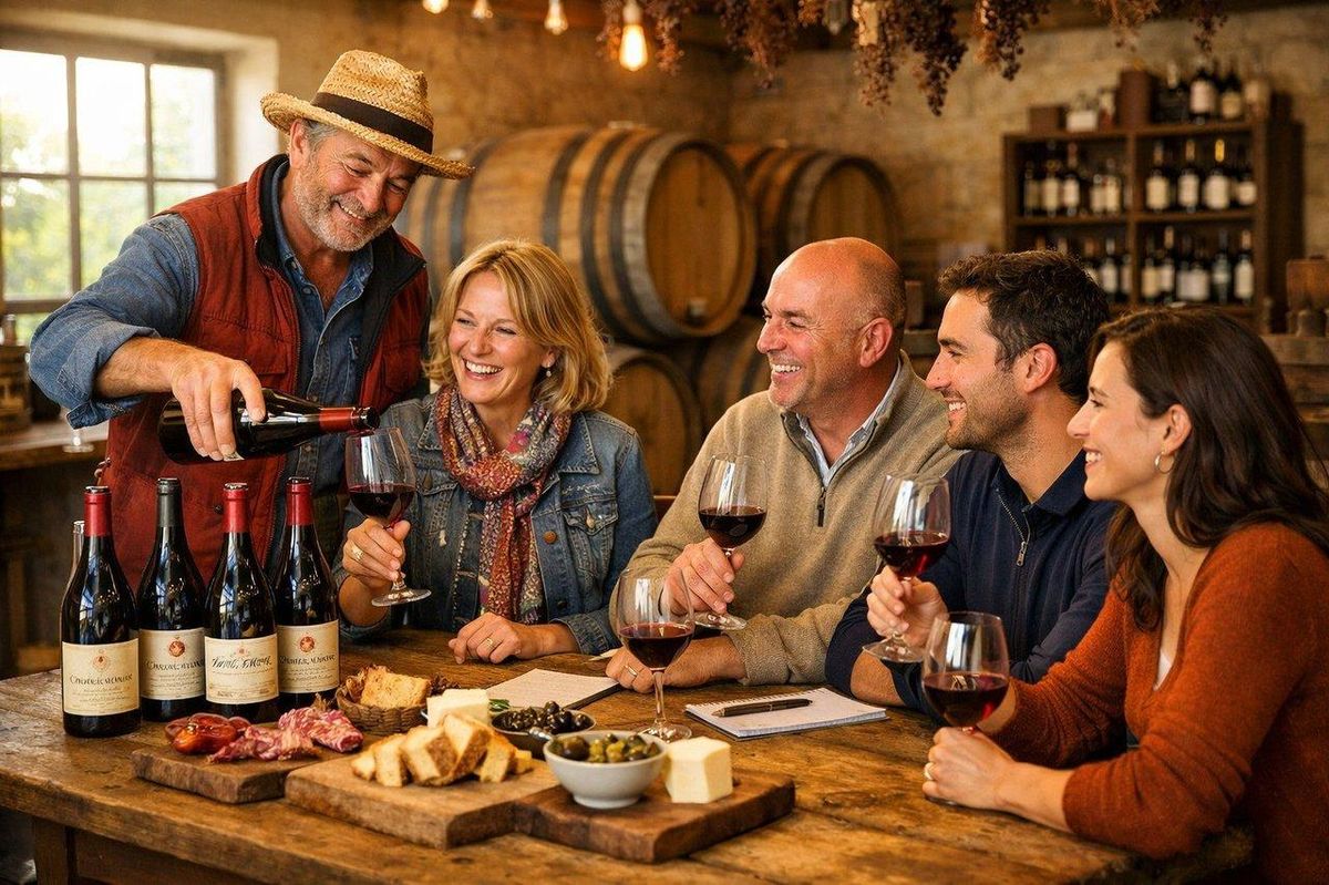 Petit groupe dégustant plusieurs millésimes de Châteauneuf-du-Pape avec vigneron dans un chai lumineux et convivial.