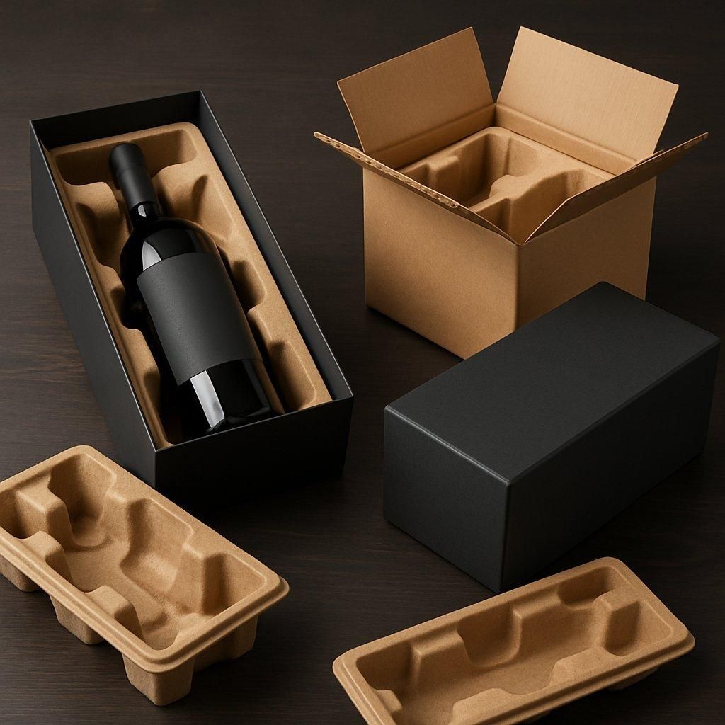 Photographie professionnelle d’emballages robustes et élégants pour bouteilles de vin, garantissant sécurité et soin d’expédition.