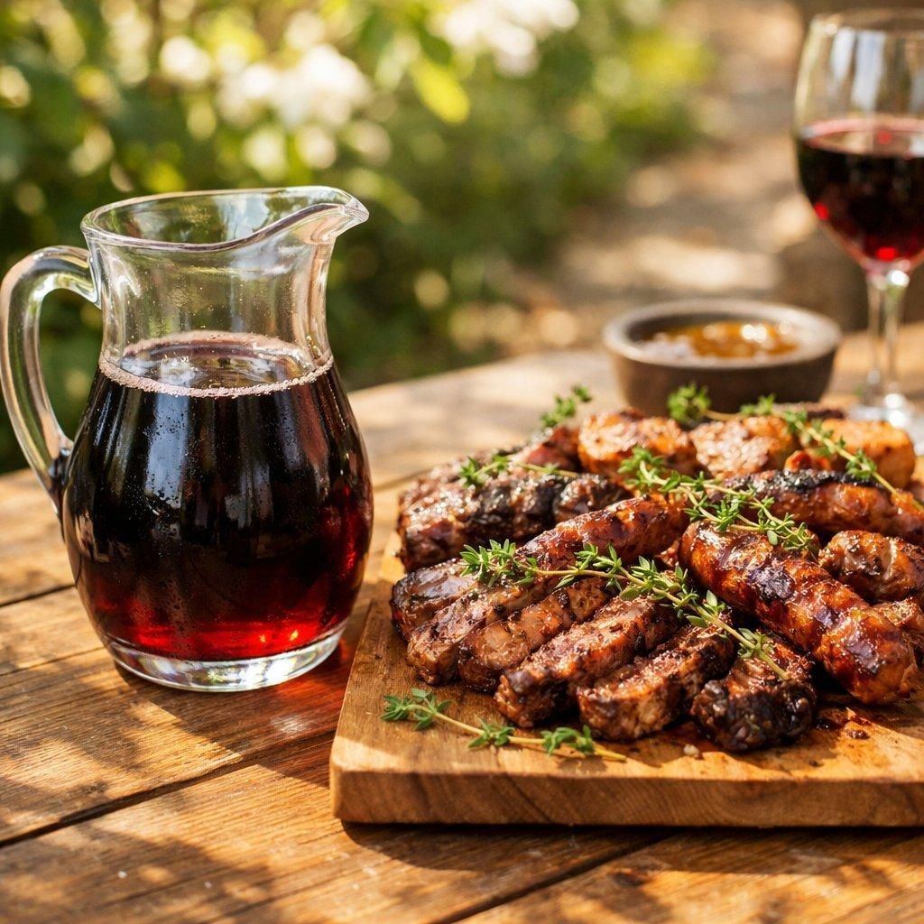 Pichet de vin rouge léger et planche de viandes grillées aromatisées au thym sous lumière printanière chaleureuse.