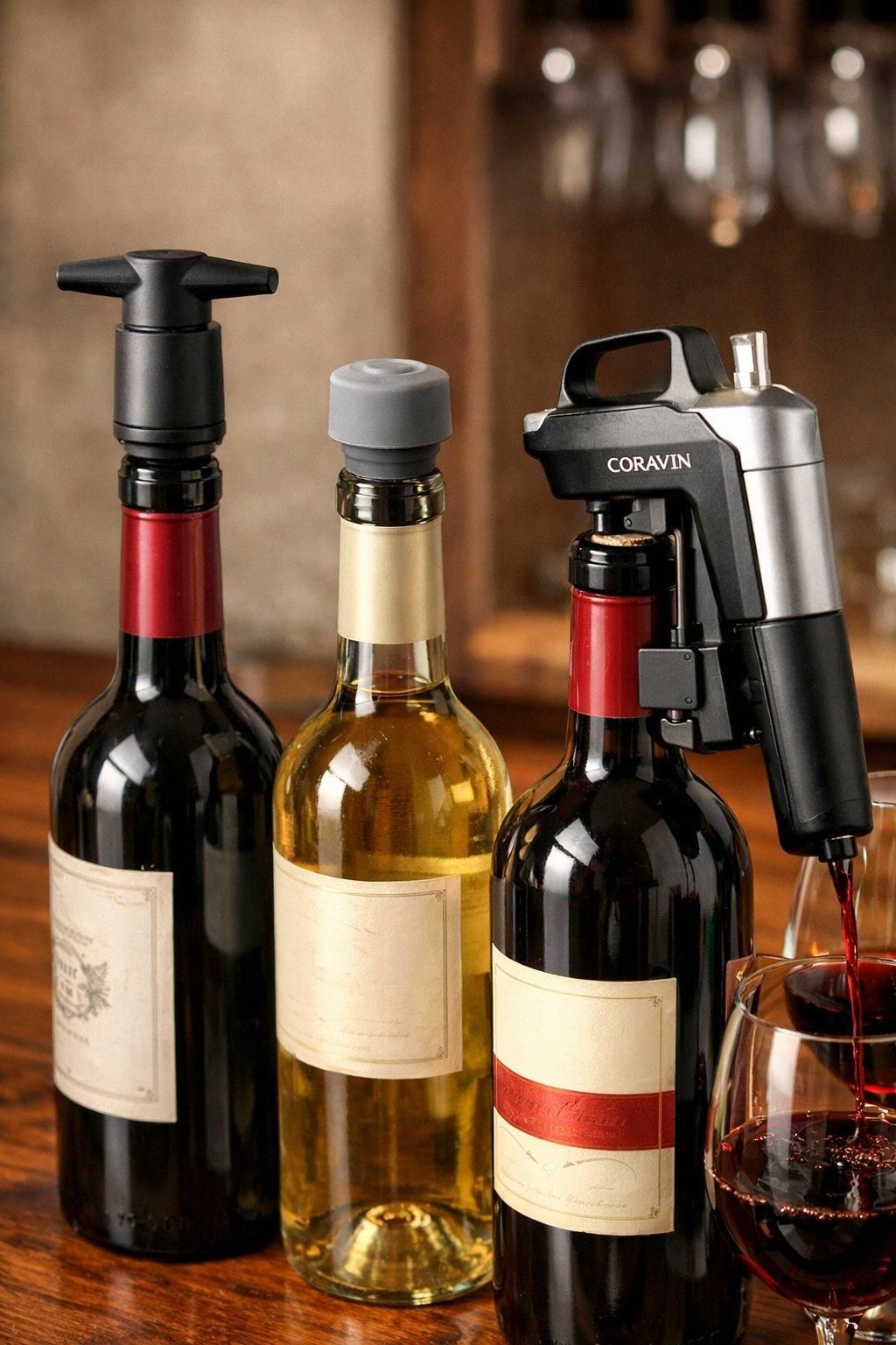 Plan rapproché de trois bouteilles de vin ouvertes utilisant pompe à vide, bouchon silicone et Coravin.