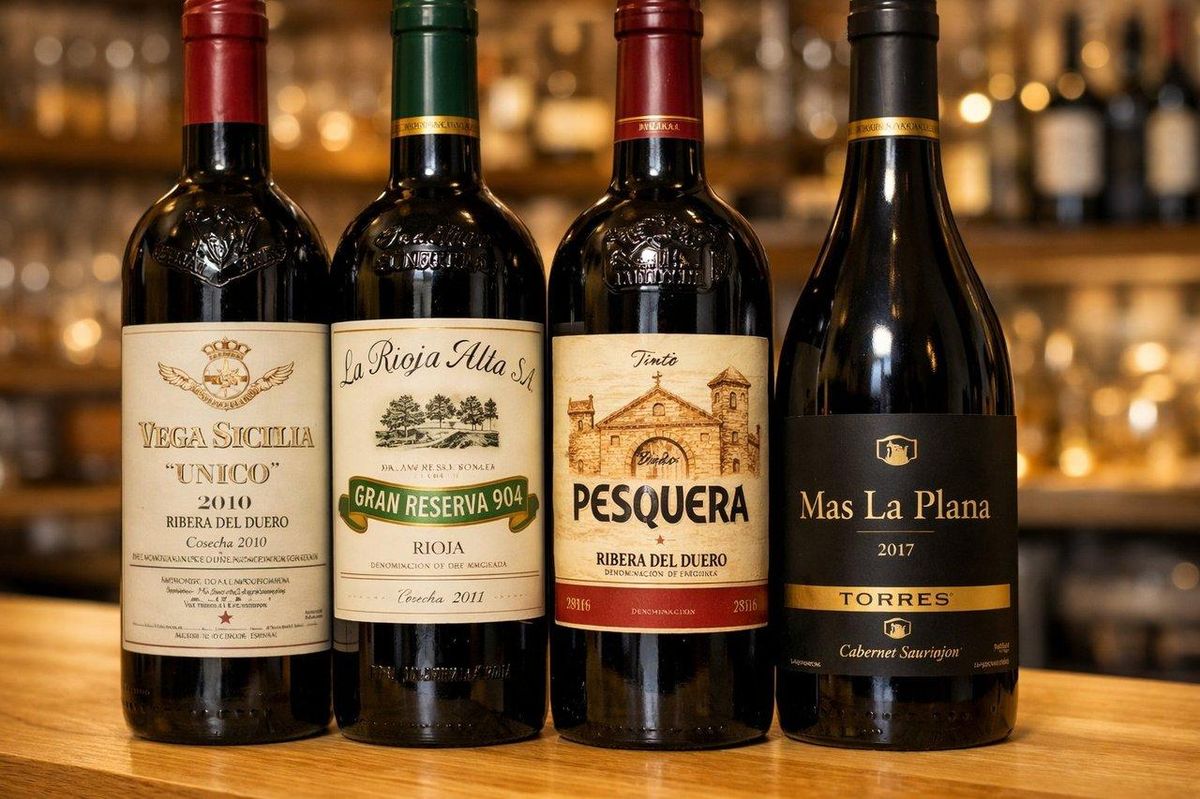 Plan rapproché de vins rouges espagnols renommés, comme Marqués de Riscal, en grande surface française.