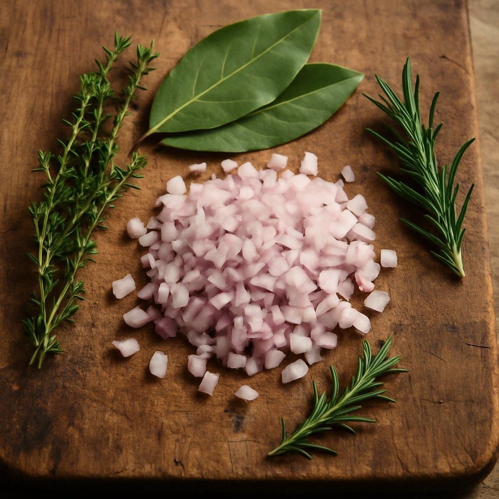 Planche en bois rustique avec échalotes hachées et herbes fraîches pour une sauce au vin parfaite