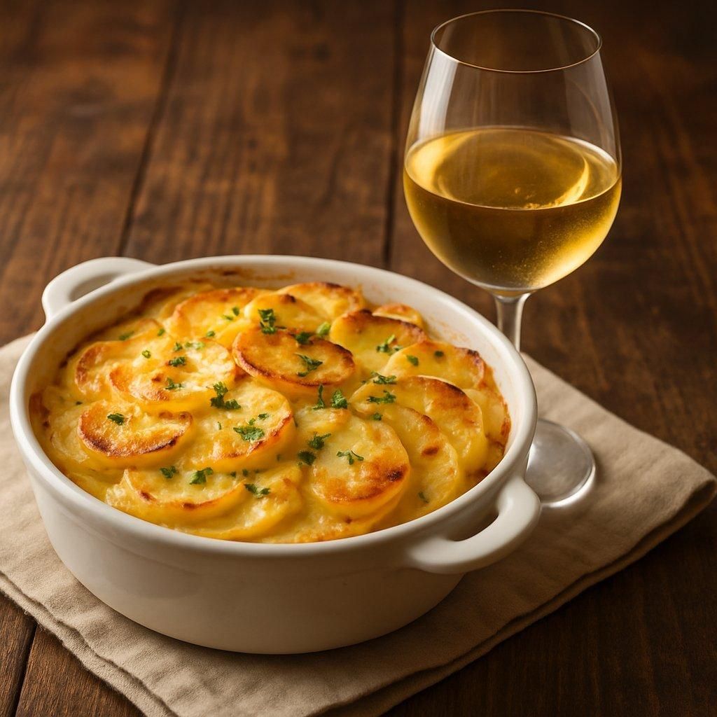 Potato gratin au vin blanc servi dans un plat en terre cuite avec un verre de vin blanc savoyard lumineux.