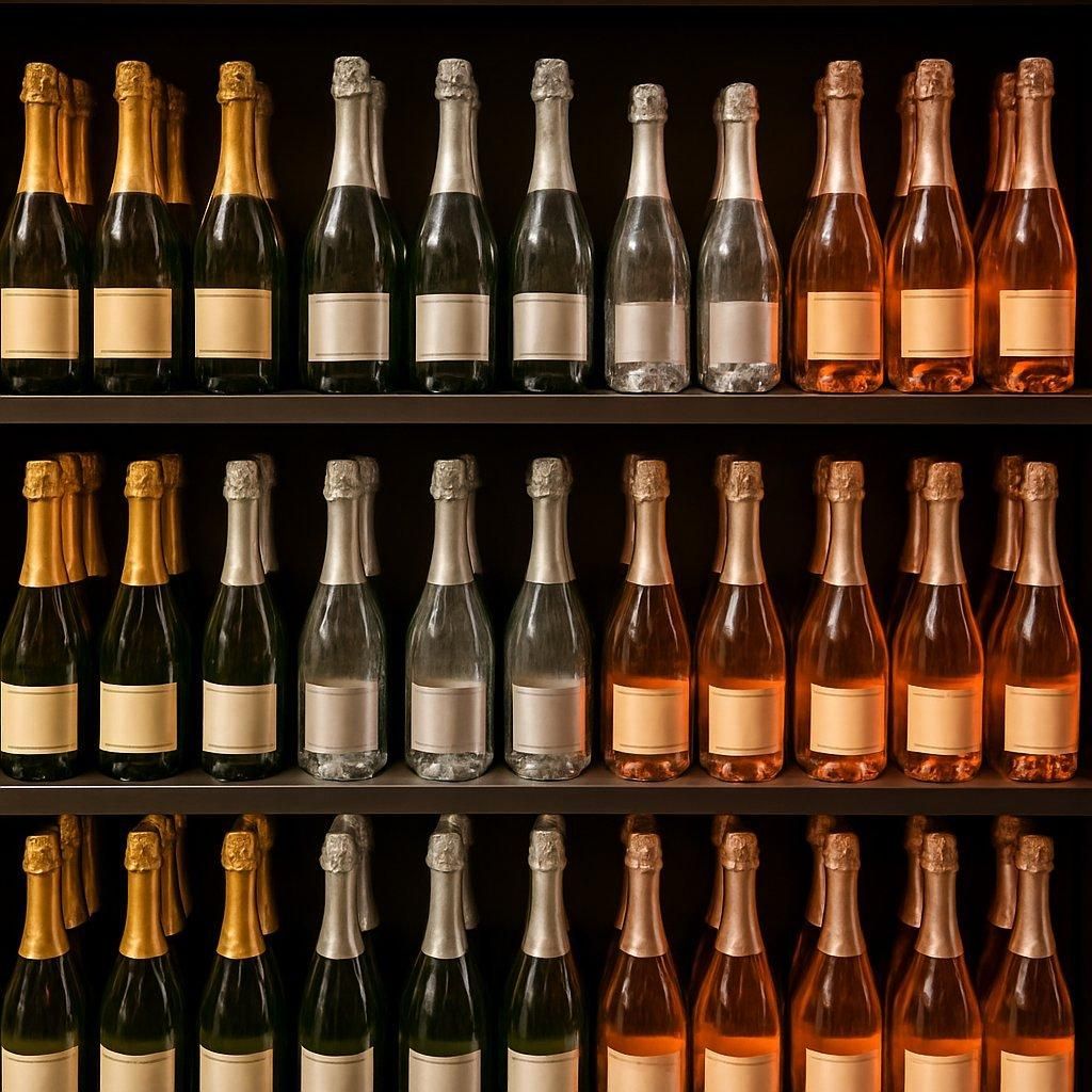 Présentation de l'affichage de bouteilles de vin effervescent : Crémant, Prosecco et Cava, représentants des vins pétillants.
