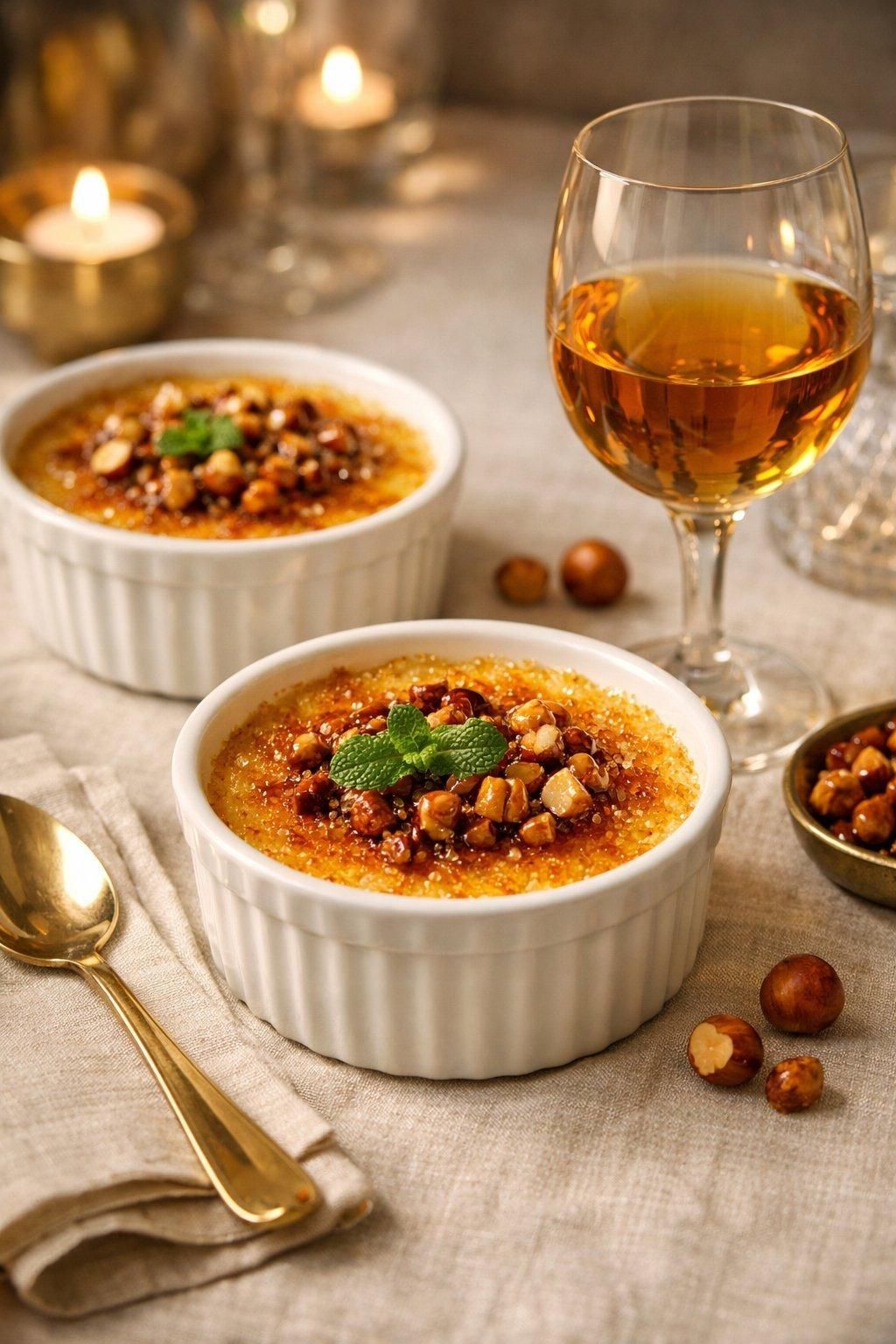 Ramequins élégants de crème brûlée vanille aux éclats de noisette caramélisés, accompagnés d’un verre de vin moelleux.