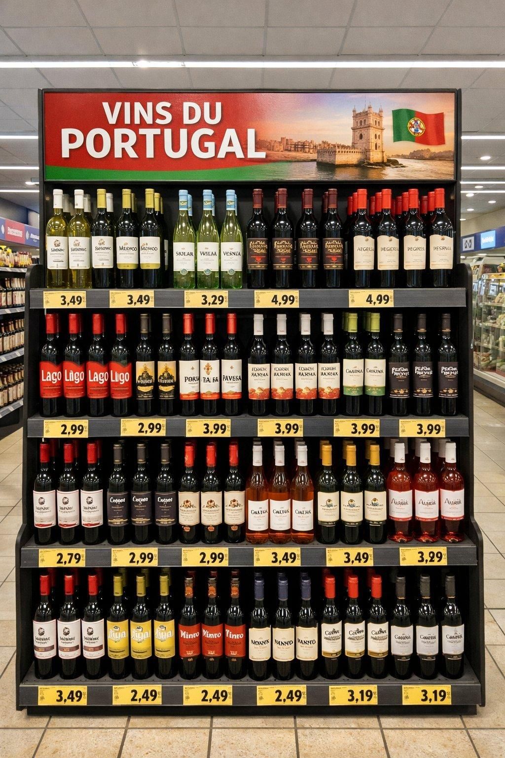 Rayon bien éclairé de vins portugais abordables chez Aldi, étiquettes lisibles dans une ambiance moderne.