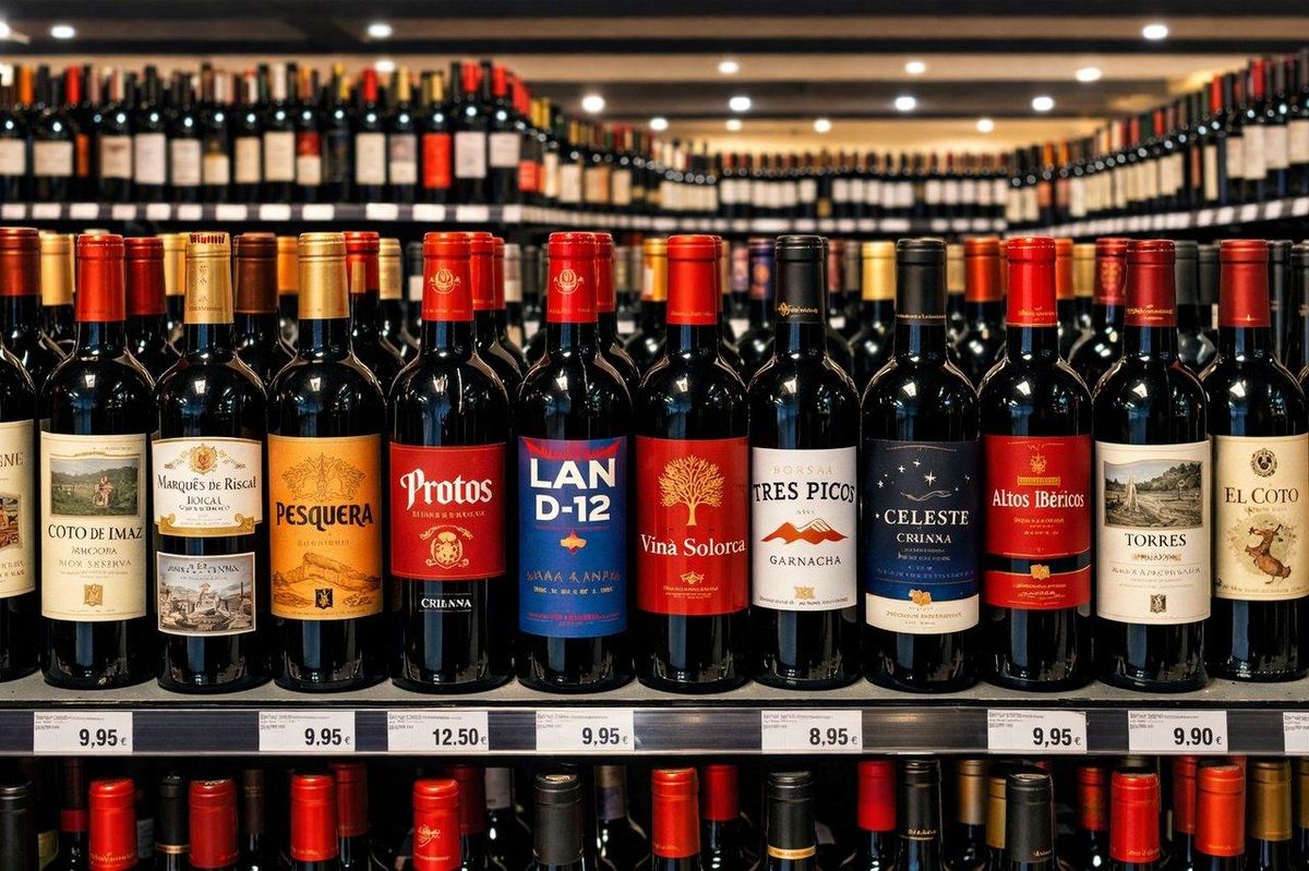 Rayon de supermarché bien éclairé avec plusieurs bouteilles de vins rouges espagnols abordables et colorés.