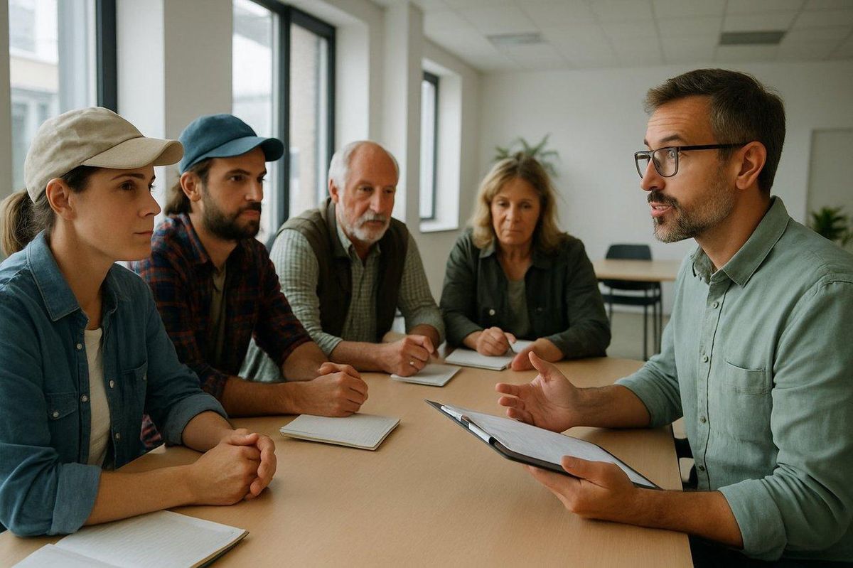Réunion de vignerons attentifs avec un conseiller agricole, autour de la table, en salle moderne lumineuse.