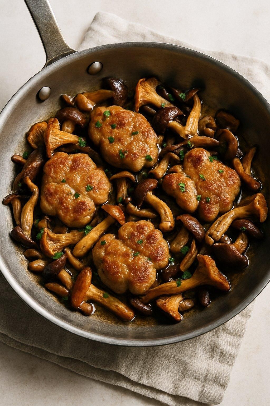 Ris de veau sauté au vin jaune et champignons sauvages dans une poêle.