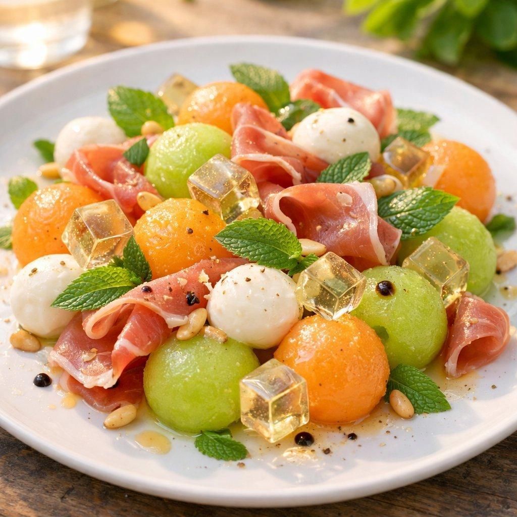 Salade colorée de melon, jambon cru, mozzarella, menthe fraîche et gelée au vin blanc en cubes translucides.