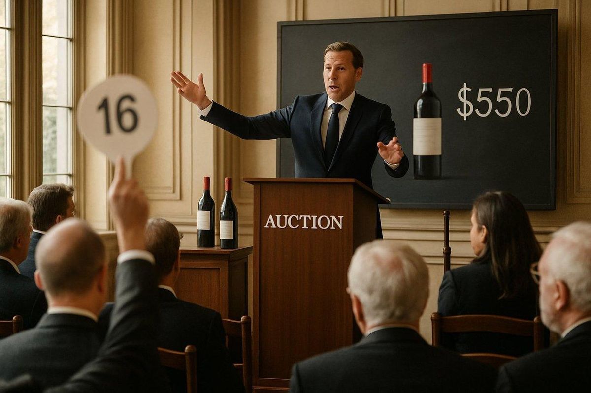 Salle d’enchères de vins, avec des flacons exposés et un public attentif lors d’une wine auction room.