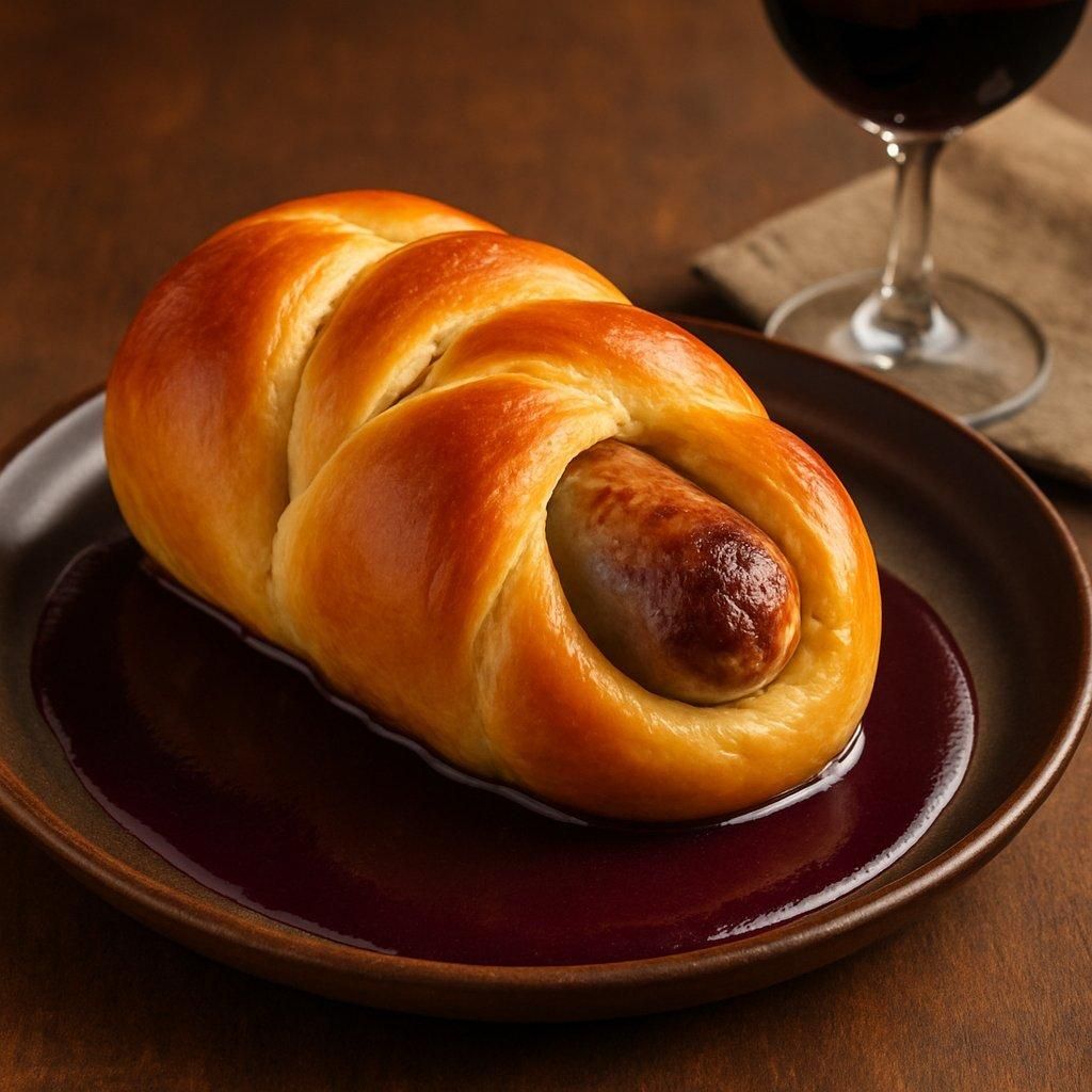 Saucisson brioché au vin rouge, doré au four, servi avec une savoureuse sauce dans un plat.
