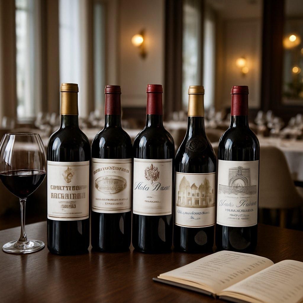 Sélection élégante de grands crus bordelais en restaurant chic, avec bouteilles étiquetées et ambiance raffinée.