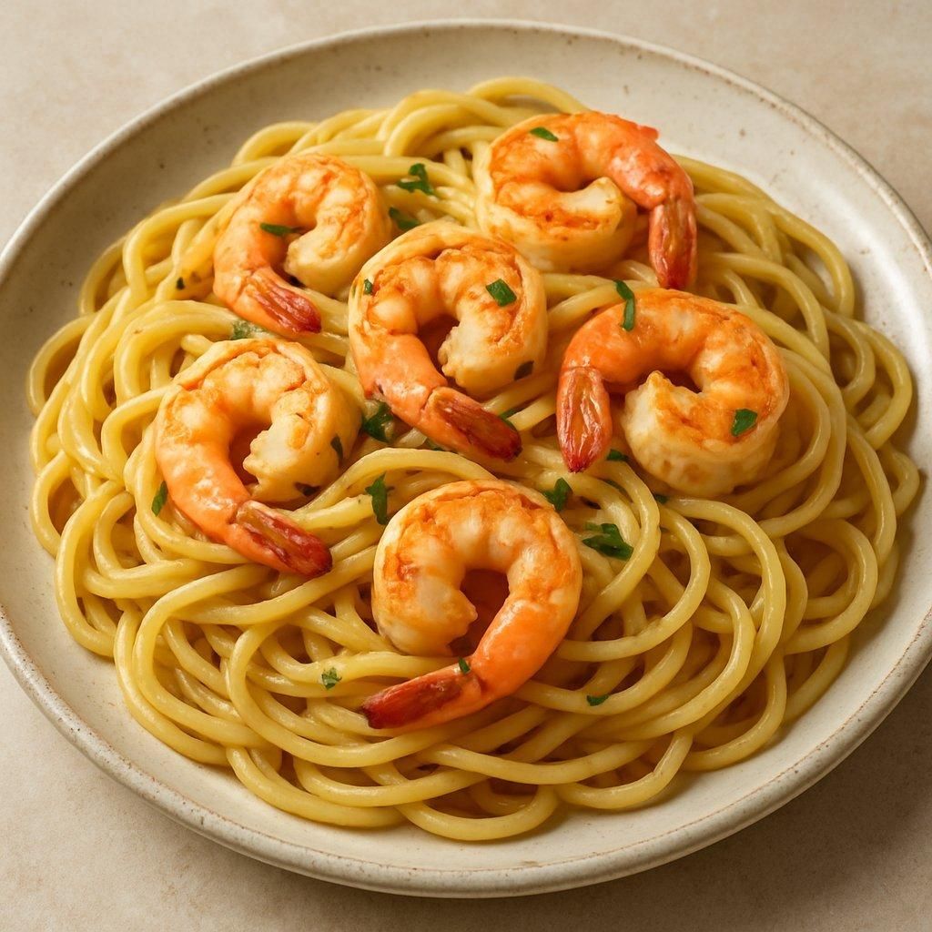 Shrimp linguine pasta aux crevettes rosées, sauce tomate onctueuse et basilic frais en présentation élégante.