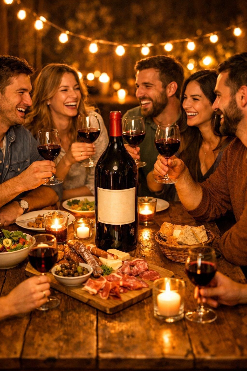 Soirée conviviale entre amis autour d’une table en bois avec un magnum de vin, ambiance chaleureuse et festive.