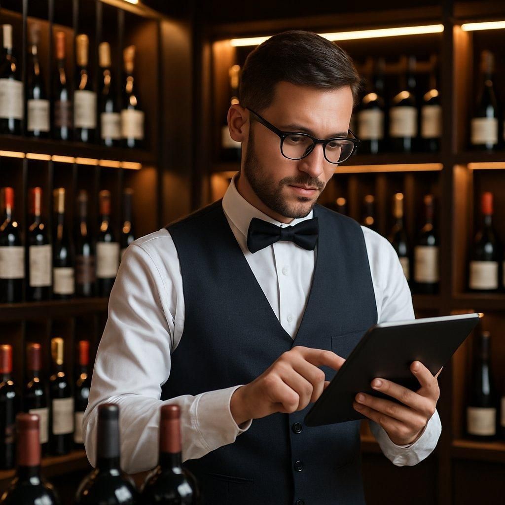 Sommelier professionnel consultent des catalogues numériques pour optimiser ses achats lors des promos vins 2025.