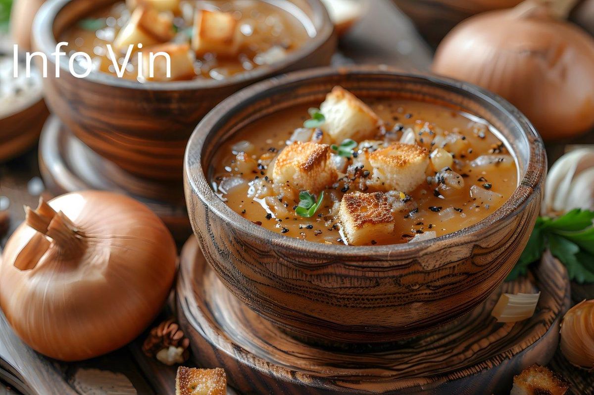 Soupe à l'oignon dorée, prête à réchauffer ou congeler pour un plaisir prolongé.