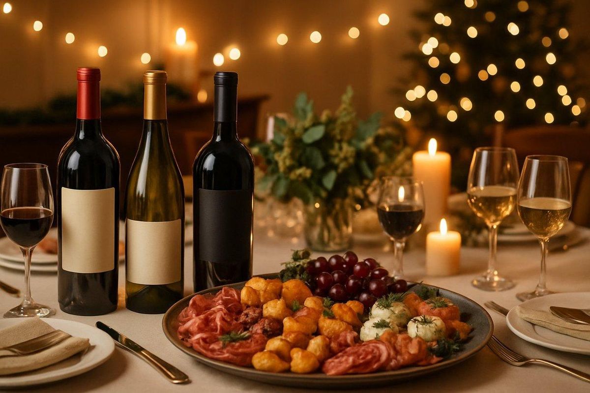 Table de fête élégante avec assortiment varié de bouteilles de vin et plateau de mets raffinés.