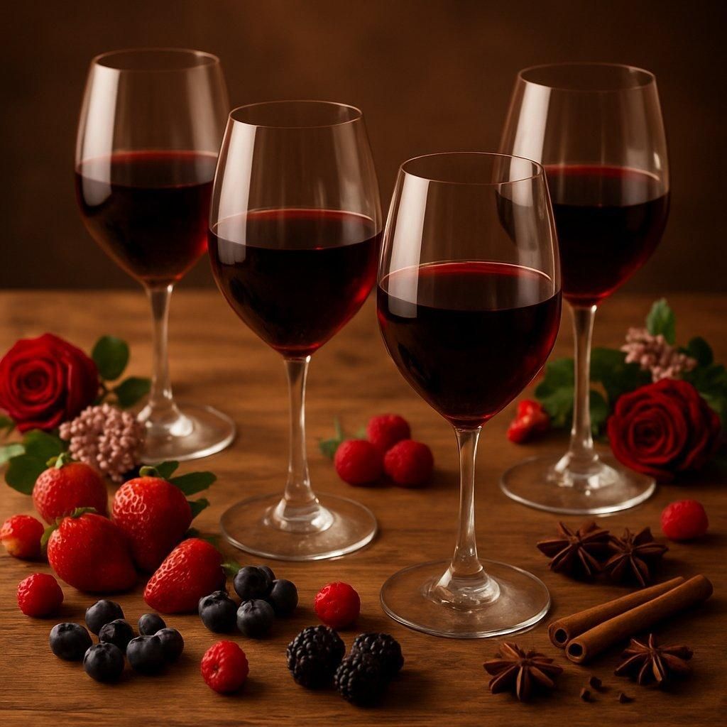 Table en bois avec verres de vin rouge, fruits rouges, fleurs et épices, ambiance chaleureuse et professionnelle.