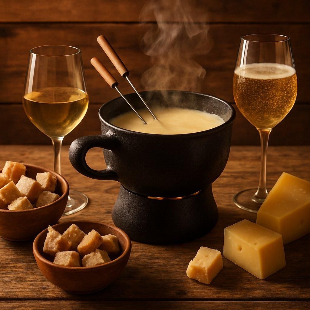 Table en bois rustique avec fondue au fromage fumante, verres de vin blanc de Savoie et crémant dorés.