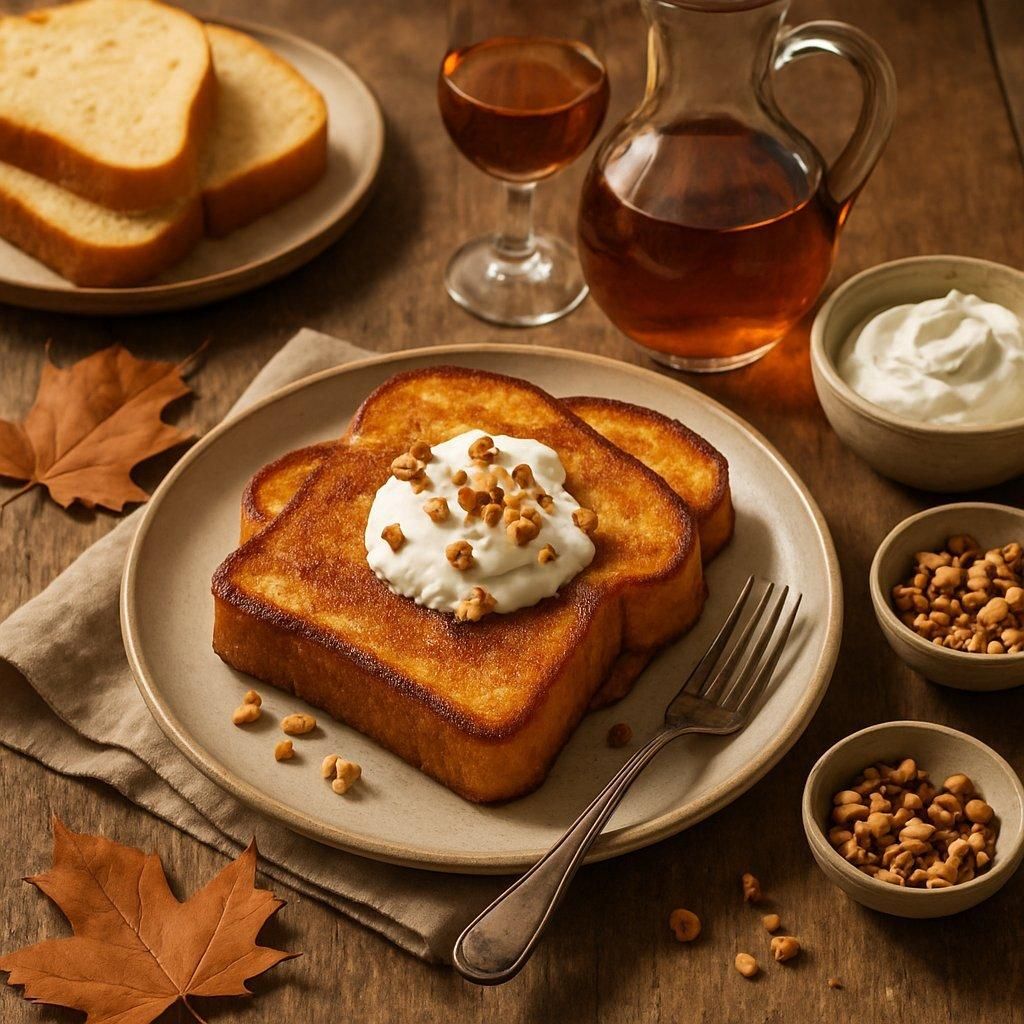 Table en bois rustique dressée pour un brunch automnal avec pain perdu brioché doré et vin doux.