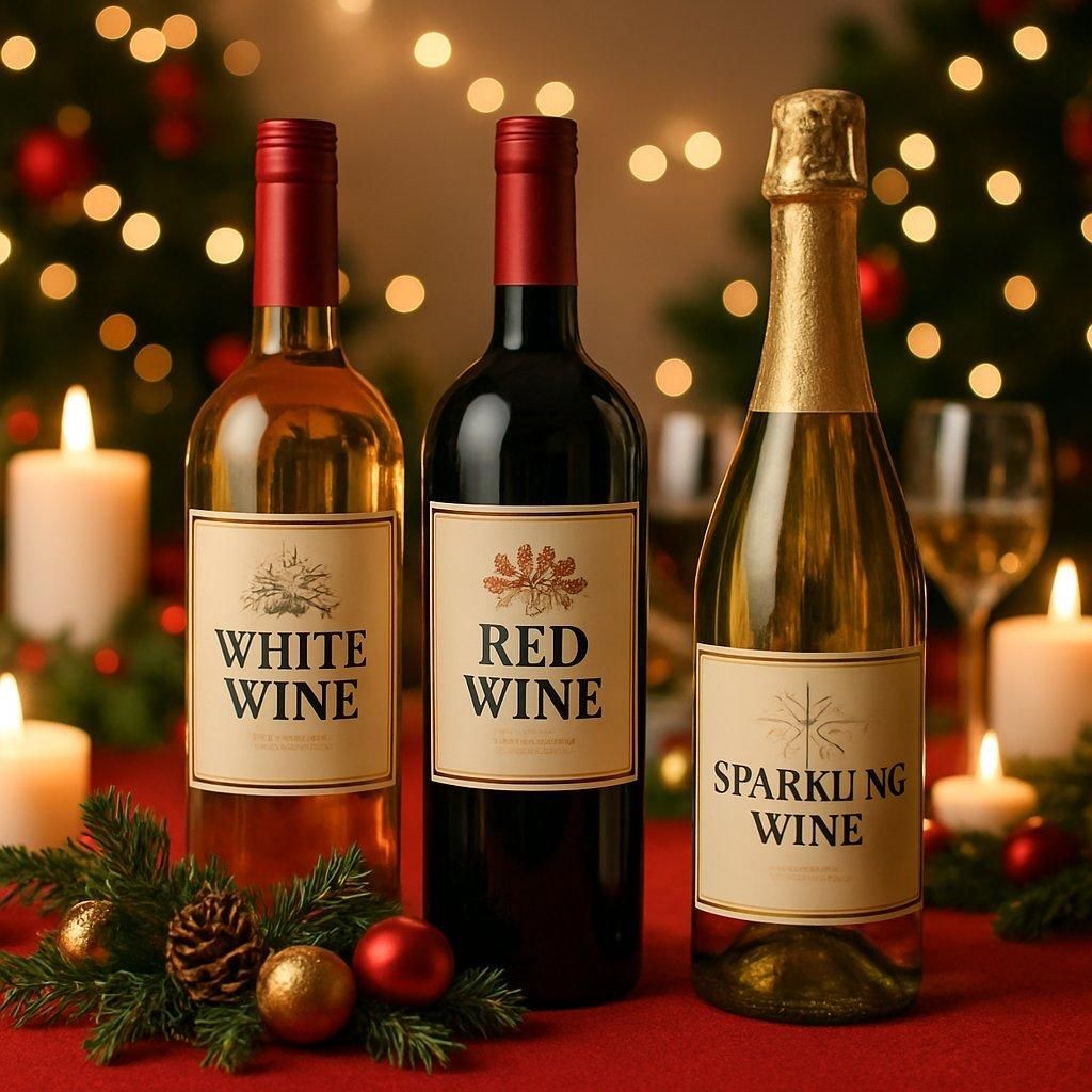 Table festive de bouteilles de vin, idéale pour les fêtes de fin d’année 2025.