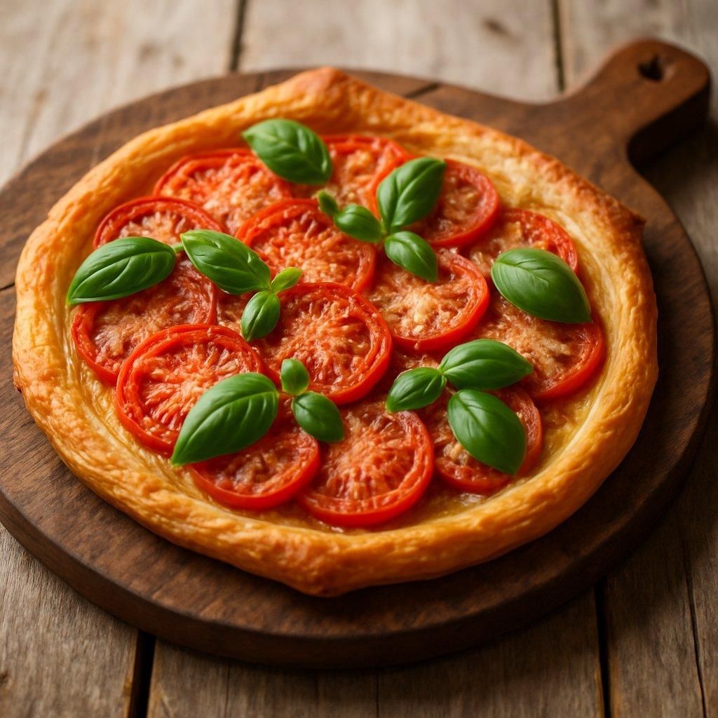 Tarte fine dorée aux tomates, parmesan gratiné et basilic frais sur planche en bois rustique.