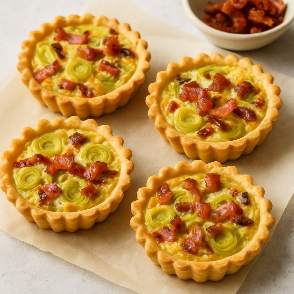 Tartelettes aux poireaux et lardons dorées au four, parfaites pour un repas convivial.